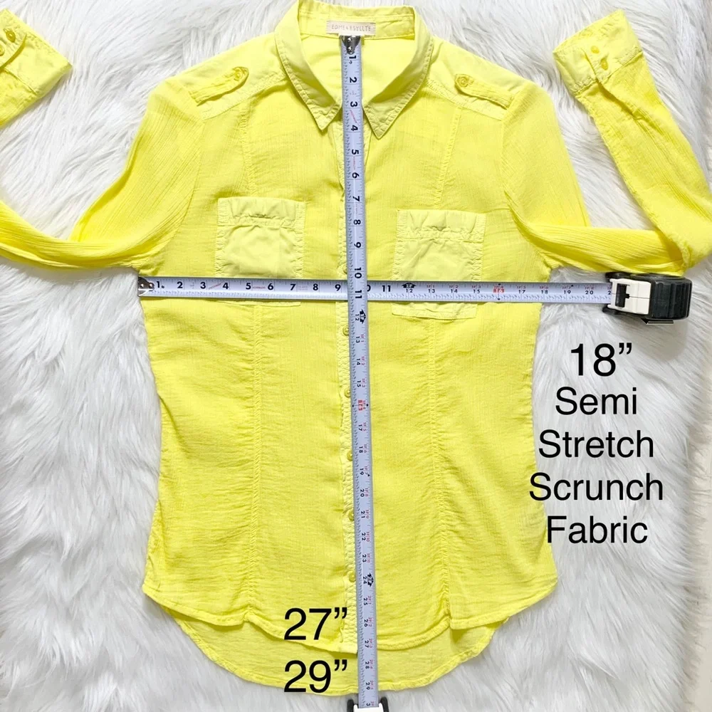 SOLD-Anthropologie Crinkle Roll Sleeve Bright Yellow Buttondown Top - Picture 9 of 9